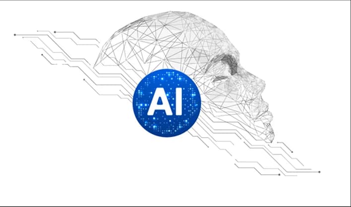 Hình minh họa đầu người dạng khung dây với huy hiệu AI, biểu tượng cho machine learning trong an ninh mạng